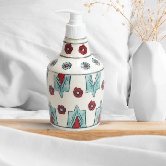 Khurja Pottery Dispenser Big White Mario | Hand Paited Ceramic Liquid Soap Dispenser with Pump| Bathroom Liquid Soap Dispenser |Kitchen Liquid Soap Dispenser