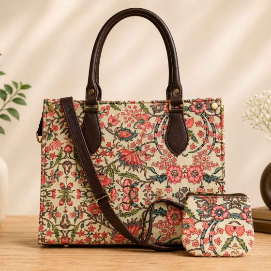 Jacquard Fabric Women's Handbag 12*10 inch || White & Pink Colour || Saras Aajeevika