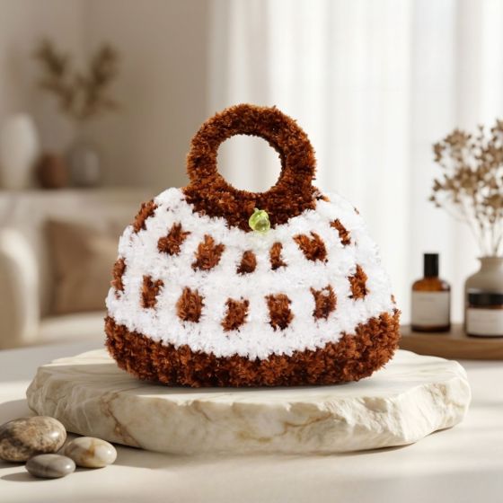 Handnitted Woolen Hand Bag || White & Brown Color || Saras Aajeevika