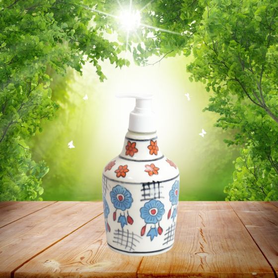 KHURJA POTTERY Dispenser Big White Red Petals | Hand Paited Ceramic Liquid Soap Dispenser with Pump| Bathroom Liquid Soap Dispenser |Kitchen Liquid Soap Dispenser