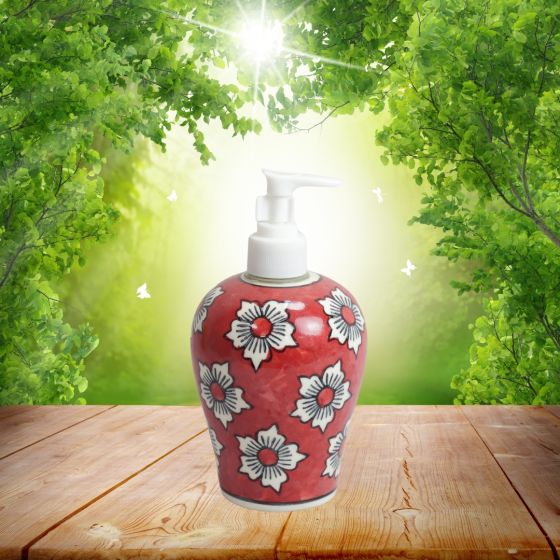 Khurja Pottery Dispenser Big Red White Flower 2| Hand Paited Ceramic Liquid Soap Dispenser with Pump| Bathroom Liquid Soap Dispenser |Kitchen Liquid Soap Dispenser