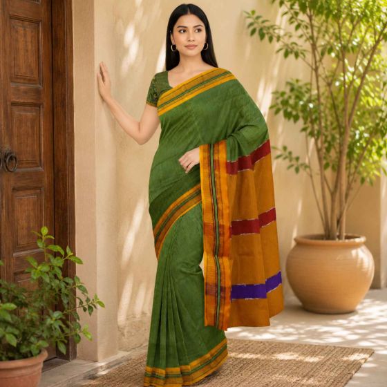 Ilkal Cotton Saree Small Checks || Green Colour & Multi Colour Pallu with 80cm blouse || Saras Aajeevika
