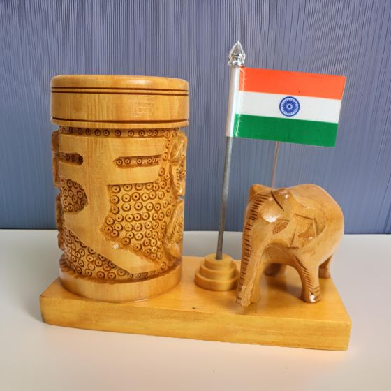 Pen Stand Indian Rupees Symbol With Indina Flag and Elephant (1) || 4 Inch || Natural Color || Saras Aajeevika