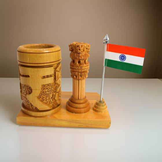 Pen Stand Ashoka Piller With Indian Flag & Indian Rupees Symbol (2) || 4 Inch || Natural Color || Saras Aajeevika