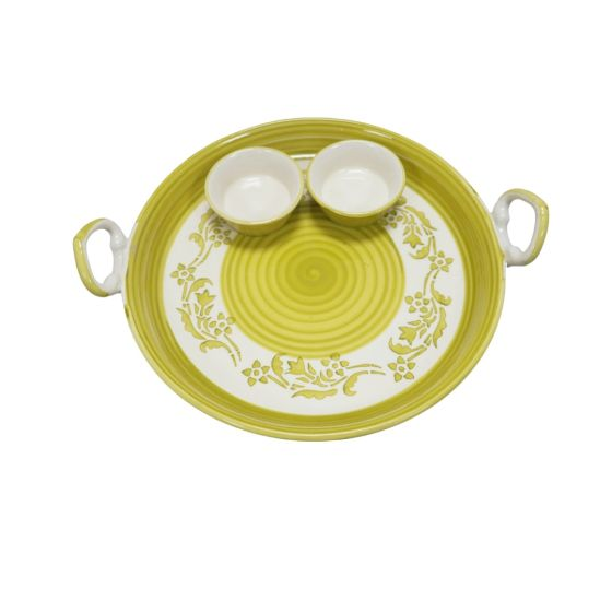  Khurja Pottery Pizza Platter White and Golden Leaf Big | Ceramic Tableware | Handmade pizza platter