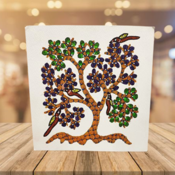  PAINTING GOND ART BULL ORANGE SQUARE 9X9 