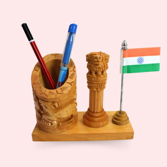 Pen Stand With Ashoka Piller & Indian Flag (5) || 4 Inch || Natural Color || Saras Aajeevika