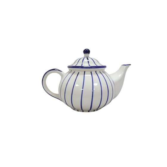 Khurja Pottery Tea Pot White Blue Line Fine Round| Hand painted | Kitchen ware | Home Décor | White and Blue