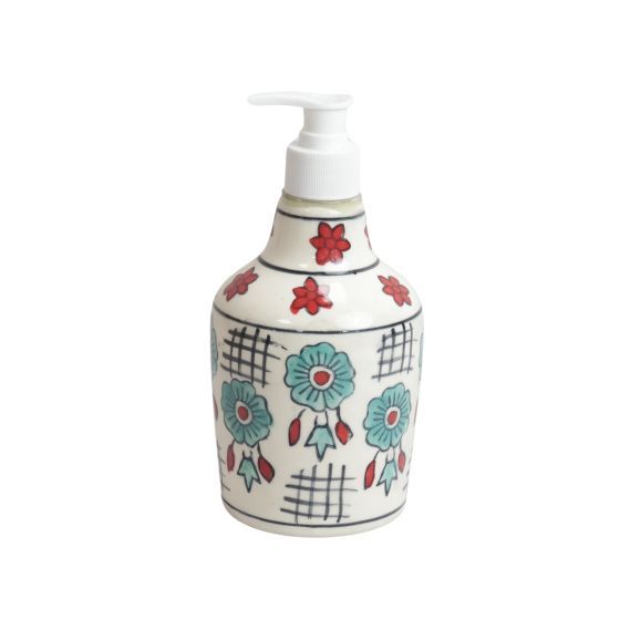 KHURJA POTTERY Dispenser Big White Sky Blue Flower | Hand Paited Ceramic Liquid Soap Dispenser with Pump| Bathroom Liquid Soap Dispenser |Kitchen Liquid Soap Dispenser