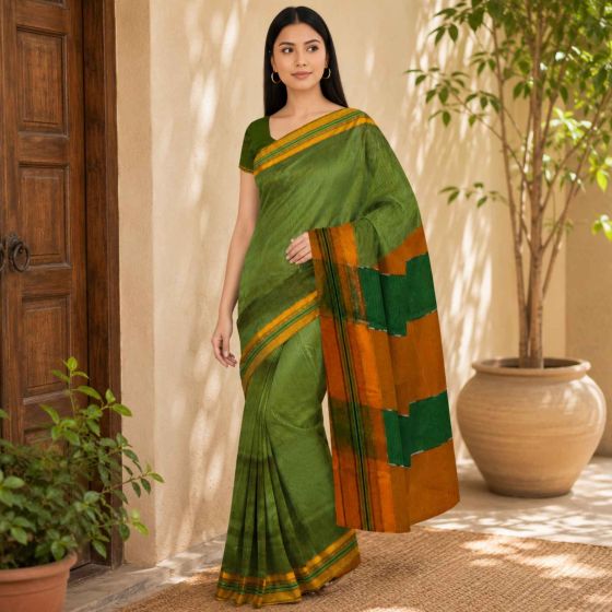 Ilkal Cotton Saree Small Checks || Green Colour & Green Pallu with 80cm Blouse || Saras Aajeevika