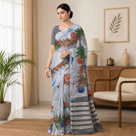 Handloom Handpainted Cotton Saree with Blouse 6.65 Mtr || Grey Colour || Saras Aajeevika