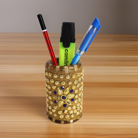 Stone Pen Stand 4" Golden || 4 Inch || Natural Color || Saras Aajeevika