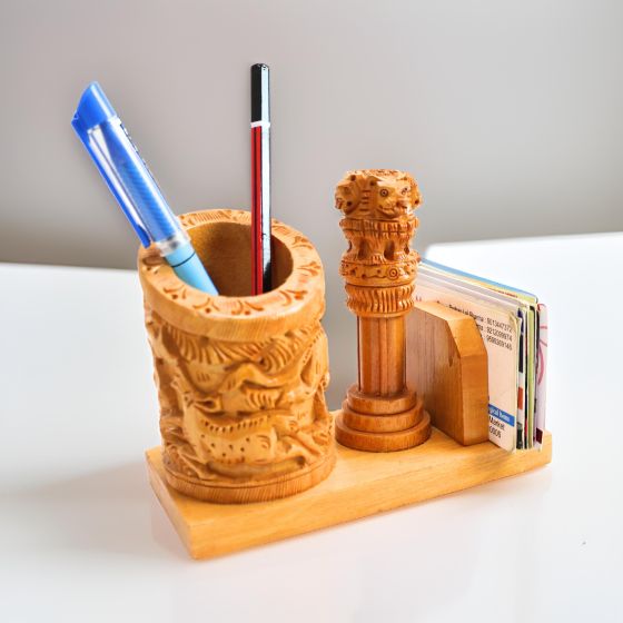 Pen Stand With Ashoka Piller & Card Holder Section (8) || 4 inch || Natural Color || Saras Aajeevika