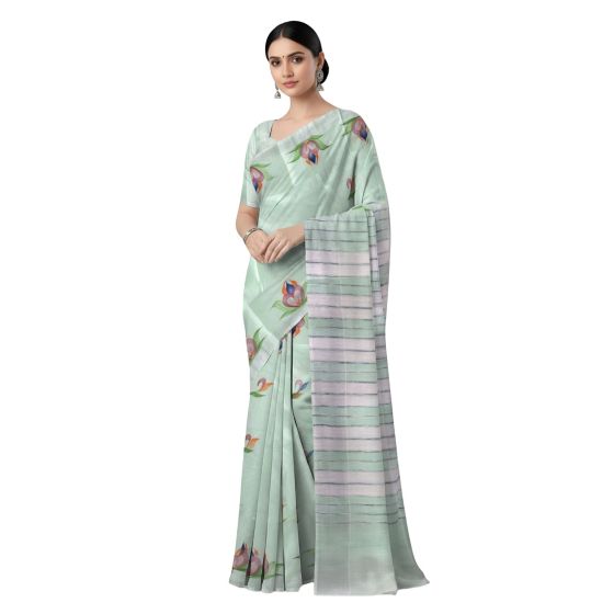 Handloom Handpainted Cotton Saree with Blouse 6.65 Mtr || Green Colour || Saras Aajeevika