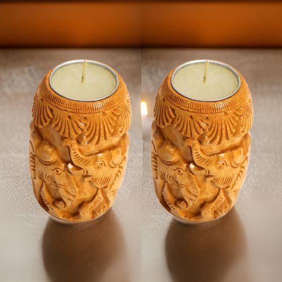 Wooden Candle Stand Elephant 2.5 *4" (Set of 2) || Natural Color || Saras Aajeevika