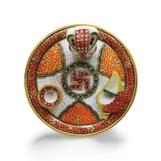 Handcrafted | Pooja Thali 9" | SHG Product | Rajasthan | Minakari on White Marble | Religious & Devotional | Vibrant & Colourful