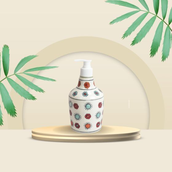KHURJA POTTERY Dispenser Big White Red Flower | Hand Paited Ceramic Liquid Soap Dispenser with Pump| Bathroom Liquid Soap Dispenser |Kitchen Liquid Soap Dispenser