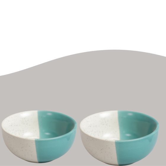 Khurja Pottery Bowl 50-50 White Green | Handcrafted Glossy Ceramic Serving Soup Bowl White & Green Colour (Set of 4Pcs)