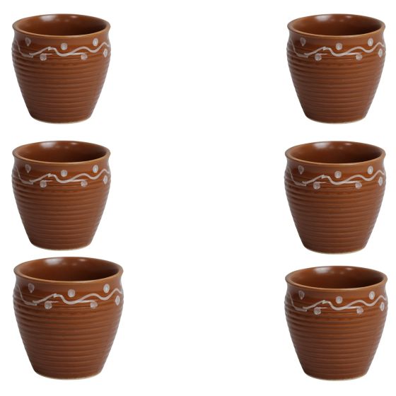 Khurja Pottery Kullhad Plain| Handcrafted Glossy Ceramic Kulhad with Handle Teracotta/Brown Colour|Handmade kulhad Set of 6Pcs |Kulhad Chai|Handmade kulhad Coffee Mug