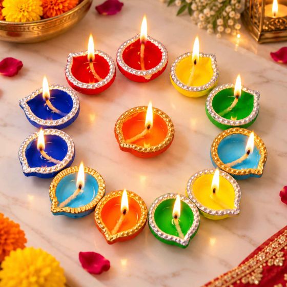Terracotta Multi Colour Diya || Set of 12 || Festival Decorative Item || Saras Aajeevika