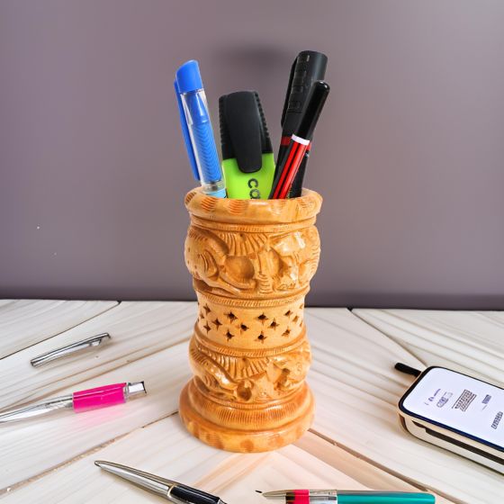 Wooden Pen Stand Jali 5" || 5 Inch || Natural Color || Saras Aajeevika 
