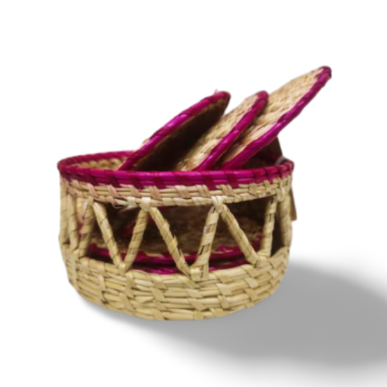 Handcrafted Sikki Grass Coaster Set with Holder – Pink Trim (Set of 5)