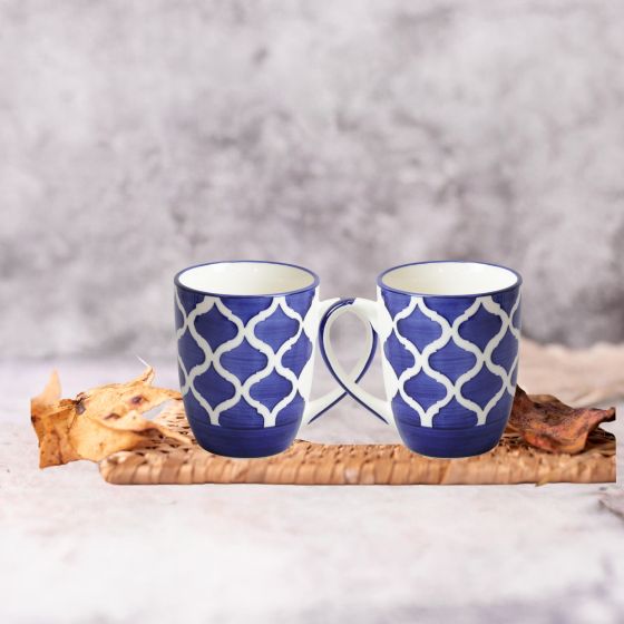 Khurja Pottery Milk Mug Painting Blue Geometrical So2|Ceramic Cup | Microwave Safe | Hand painted | Kitchen ware | Home Décor | Blue