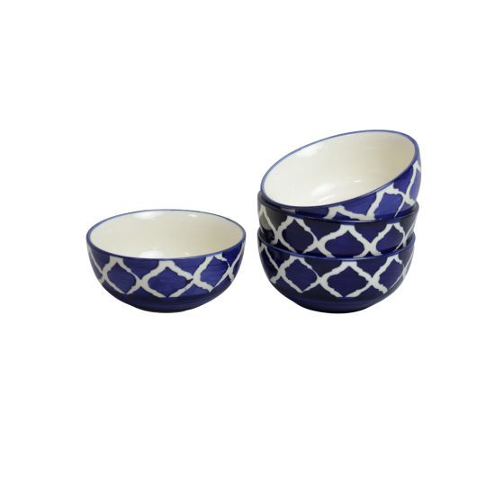 Khurja Pottery Bowl Blue White || Handcrafted Glossy Ceramic Serving Soup Bowl White & Blue Colour (Set of 4 Pcs) || Saras Aajeevika