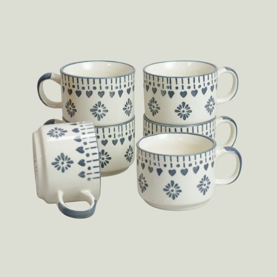 Khurja Pottery Murli Cup Painting Grey Flower So6 | |Ceramic Cup | Microwave Safe | Hand painted | Kitchen ware | Home Décor | Grey