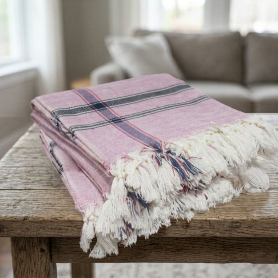 Handloom Cotton Towel 1.75 meter || Color Pink, Blue Line || Set of 2 || Saras Aajeevika