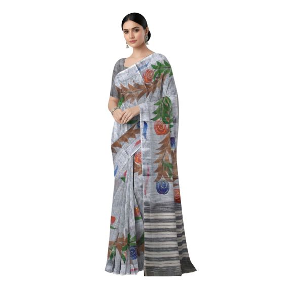 Handloom Handpainted Cotton Saree with Blouse 6.65 Mtr || Grey Colour || Saras Aajeevika