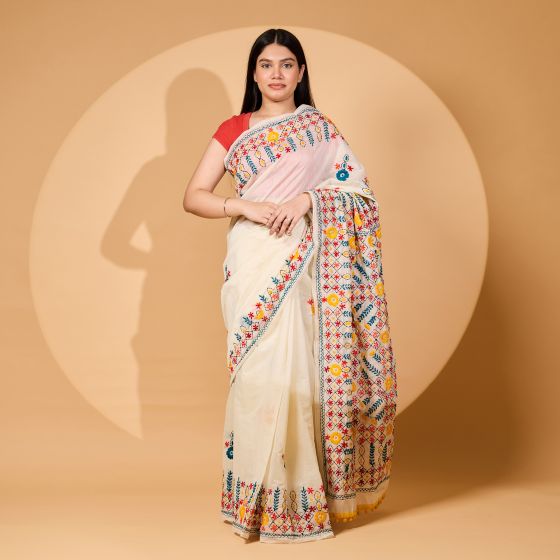 Chanderi Phulkari Saree || 6.5 meter with Blouge || Off White || Saras Aajeevika