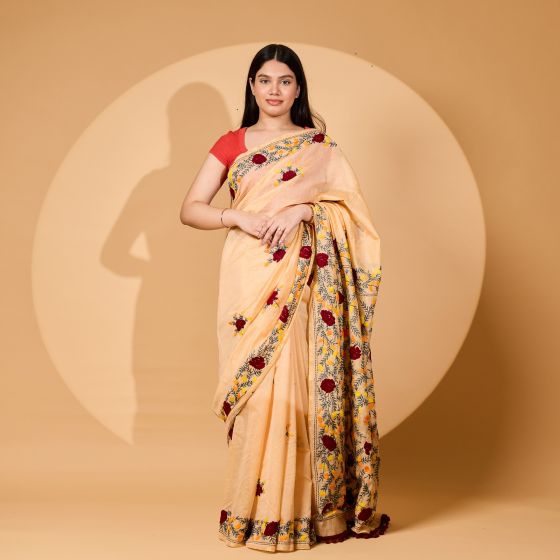 Chanderi Phulkari Saree || 6.5 meter with Blouge ||| Light Orange Color || Saras Aajeevika