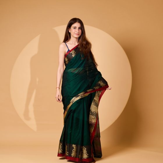 Handloom Pure Cotton Nach Mayuri Saree with Blouse || 6.8 Mtr || Bottle Green || Saras Aajeevika