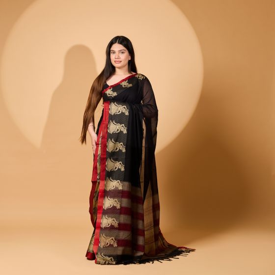 Handloom Pure Cotton Nach Mayuri Saree with Blouse || 6.8 Mtr || Black Color || Saras Aajeevika