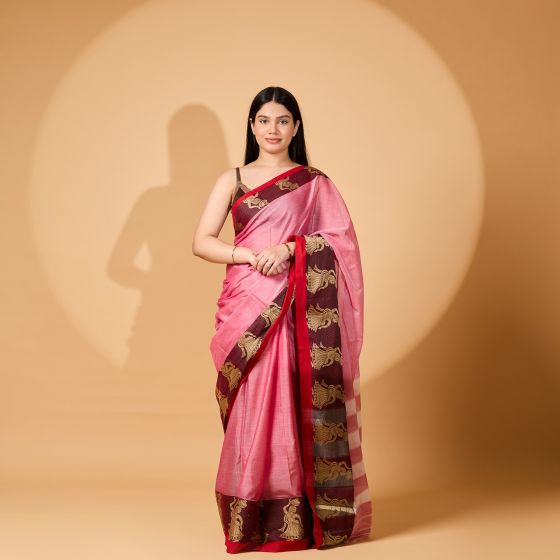 Handloom Pure Cotton Nach Mayuri Saree with Blouse || 6.8 Mtr || Pink Color || Saras Aajeevika
