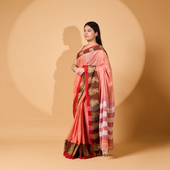 Handloom Pure Cotton Nach Mayuri Saree with Blouse || 6.8 Mtr || Peach Color || Saras Aajeevika