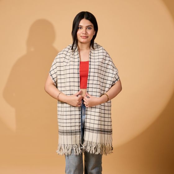 Handloom Marino Wool Muffler || White & Black Color || Saras Aajeevika