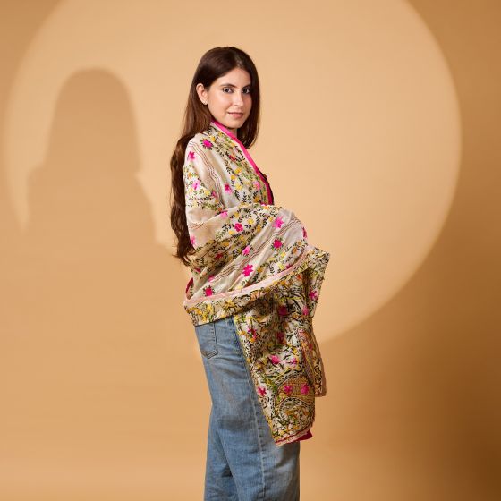 Chanderi Phulkari Duppatta || 2.25 meter || Pink Color Flower || Saras Aajeevika
