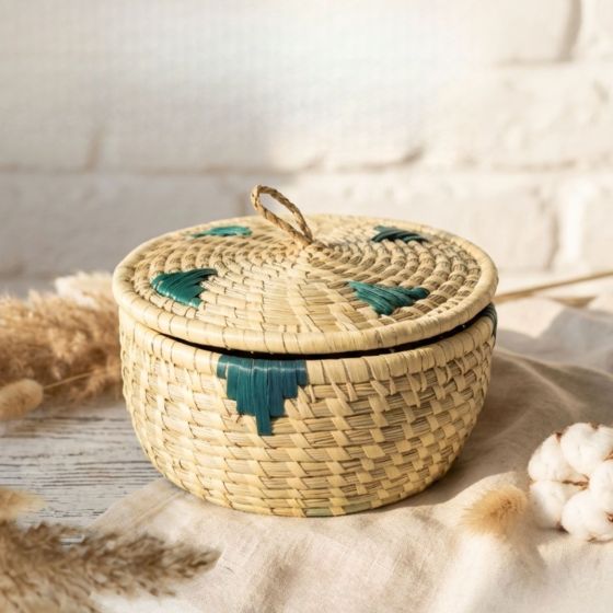 Munj Grass Chapati Box with Green Flower Design 8 Inch || Saras Aajeevika