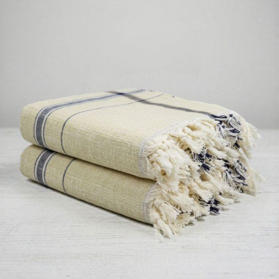 Handloom Cotton Towel 1.75 meter|| Color Light Yellow & Black Line || Set of 2 || Saras Aajeevika