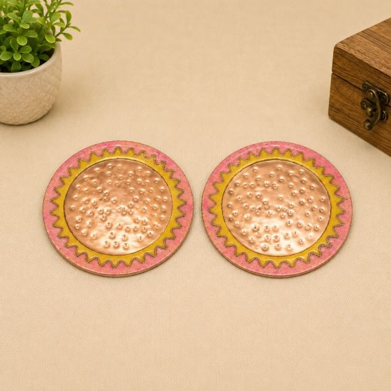 Copper Meenakari Coaster || Pink & Yellow Colour || 3.5 inch || Set of 2 || Saras Aajeevika