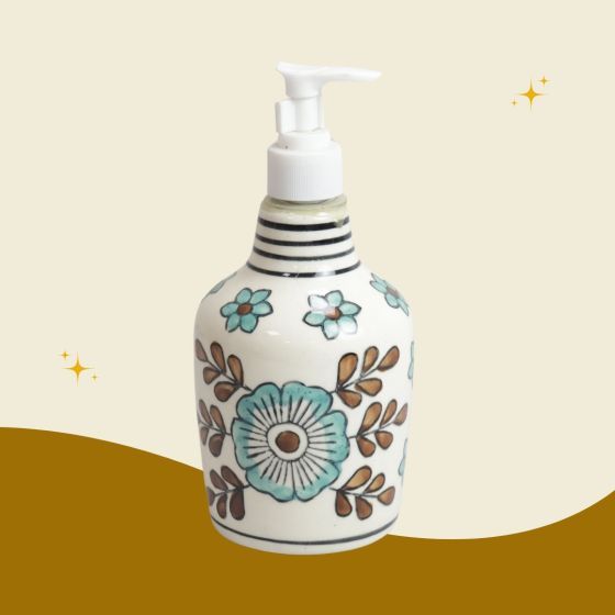 Khurja Pottery Dispenser Big White Brown Leaf |Handwash Bottle| Refillable soap dispenser with Pump