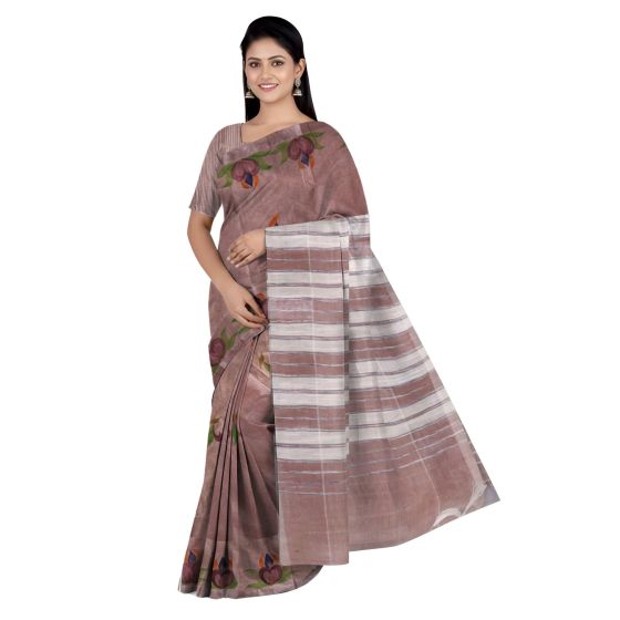Handloom Handpainted Cotton Saree with Blouse 6.65 Mtr || Brown Colour || Saras Aajeevika