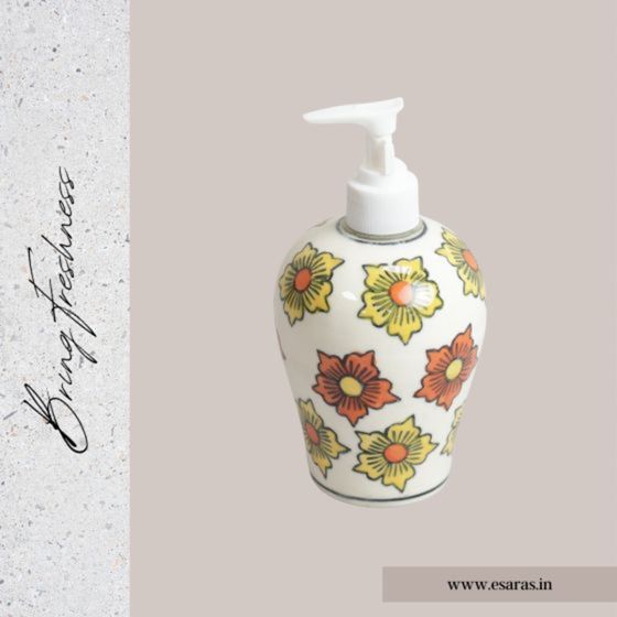 Khurja Pottery Dispenser Big Yellow Orange Flower | Hand Paited Ceramic Liquid Soap Dispenser with Pump| Bathroom Liquid Soap Dispenser |Kitchen Liquid Soap Dispenser
