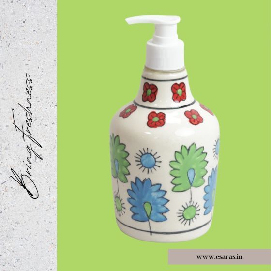 KHURJA POTTERY Dispenser Big White Green Tree| Hand Paited Ceramic Liquid Soap Dispenser with Pump| Bathroom Liquid Soap Dispenser |Kitchen Liquid Soap Dispenser 