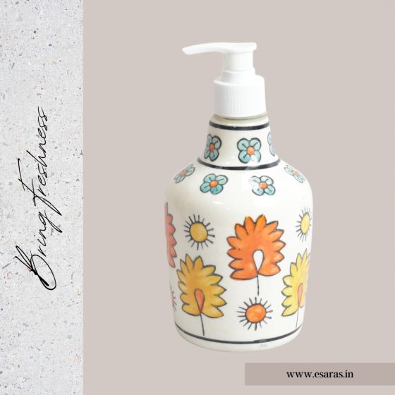 Khurja Pottery Dispenser Big Orange Yellow Leaf | Hand Paited Ceramic Liquid Soap Dispenser with Pump| Bathroom Liquid Soap Dispenser |Kitchen Liquid Soap Dispenser