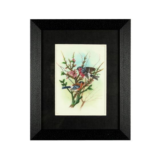 Miniature Painting Birds Design Silk With Frame 7*5" three birds
