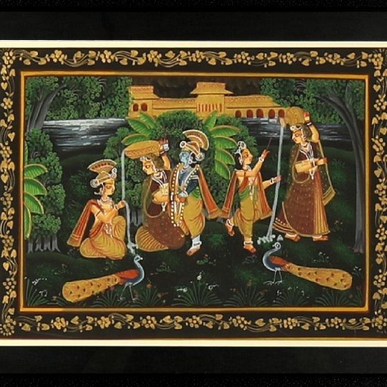 Miniature Painting Radha Krishna Silk With Frame 10*14" village 