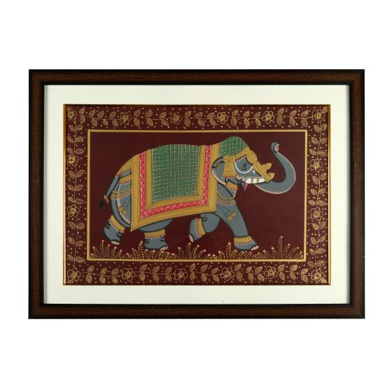 Miniature Painting Elephant on Silk with Frame
